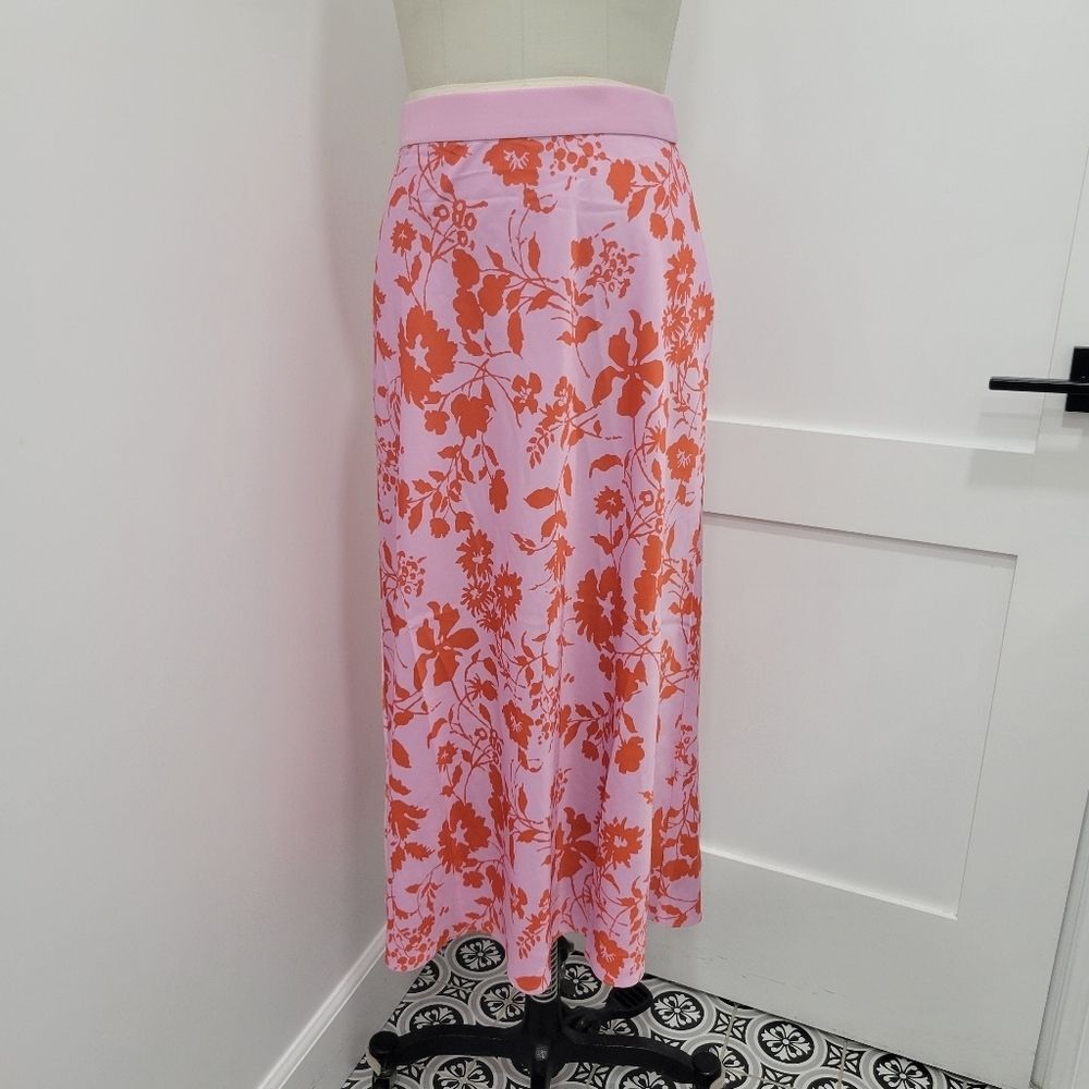 OUTERKNOWN Women's Pink Orange Floral Silky Midi Skirt Size S Tropical Resort - Picture 2 of 11